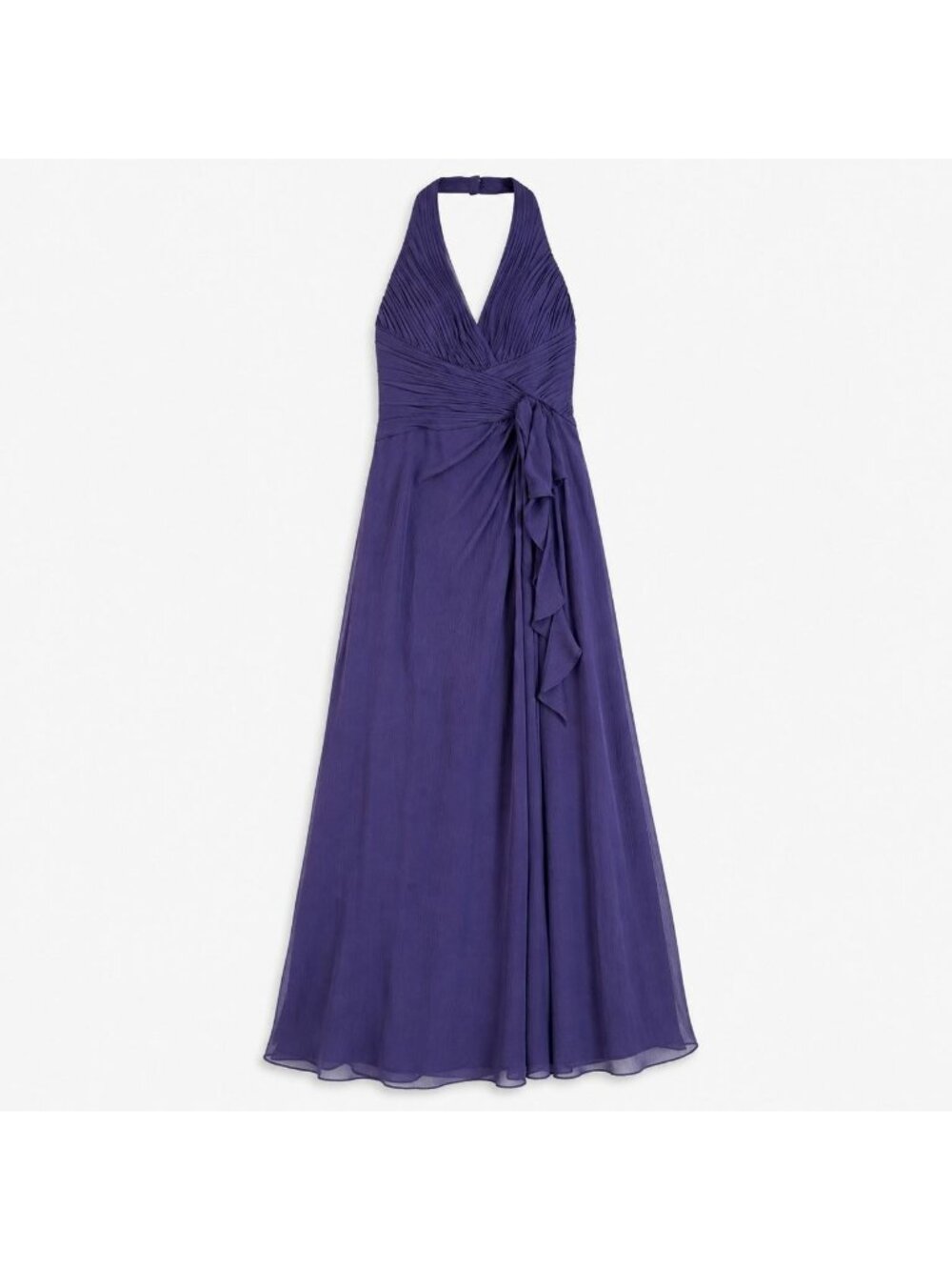 HK 14 - David’s Bridal Size 6 Dark Purple Blue Full-Length Ruched Halter Formal